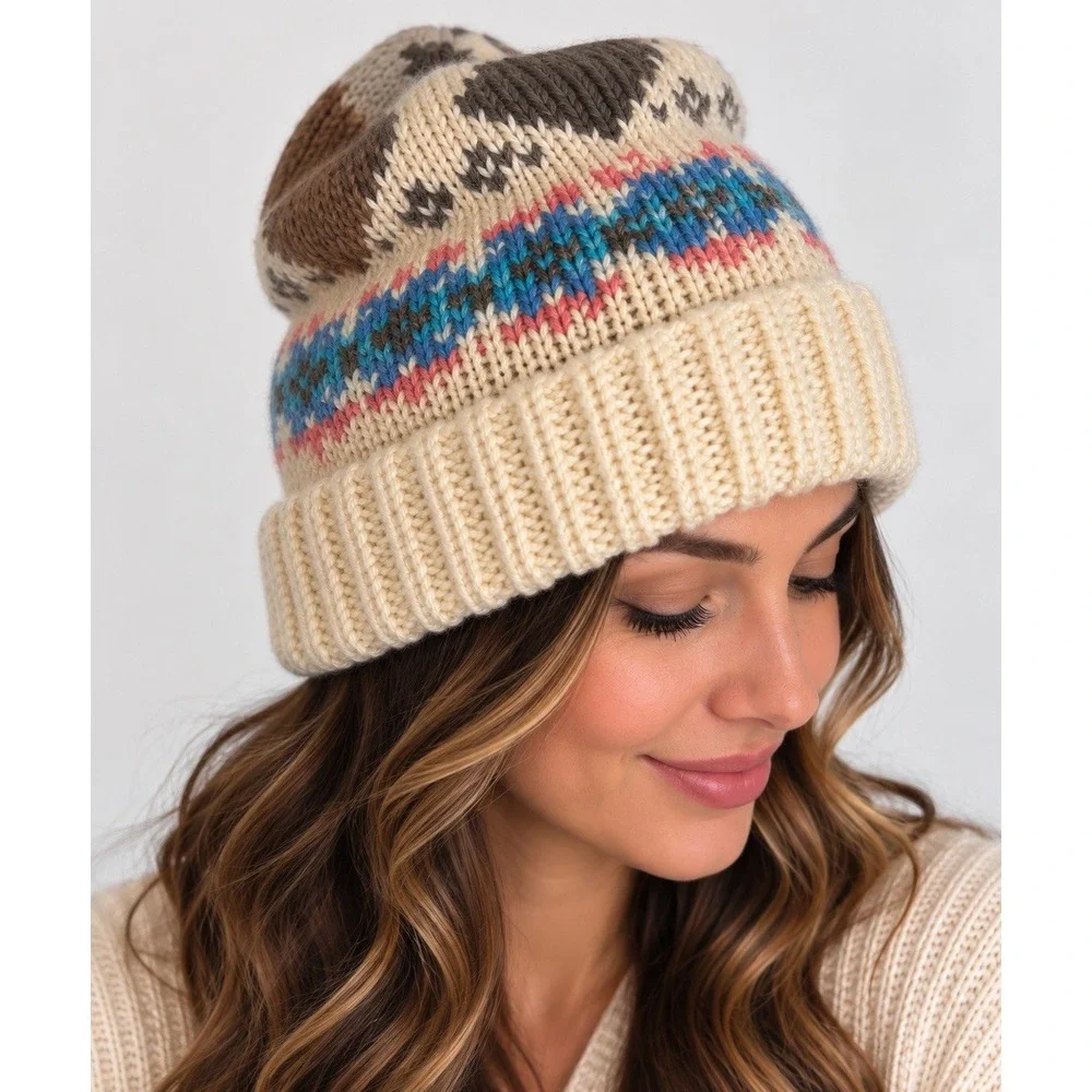 Womens 70s 80s Vintage Fair Isle Knit Beanie Hat Cream Brown Cuffed Heart Motif